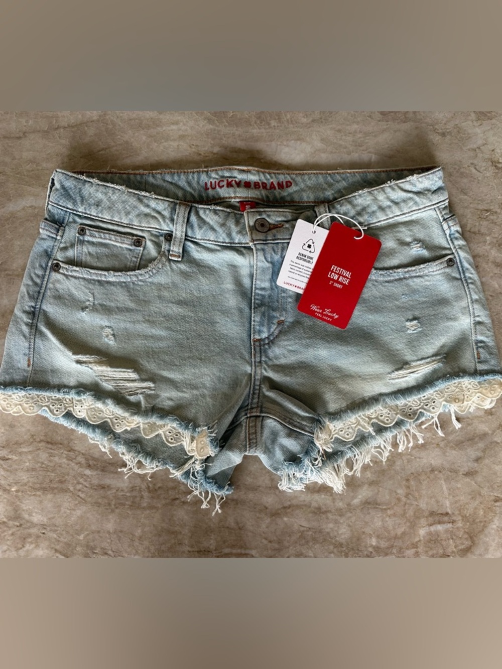 NWT Lucky Brand Festival Low Rise Lace Trim Distressed Denim Shorts - Size 8/29